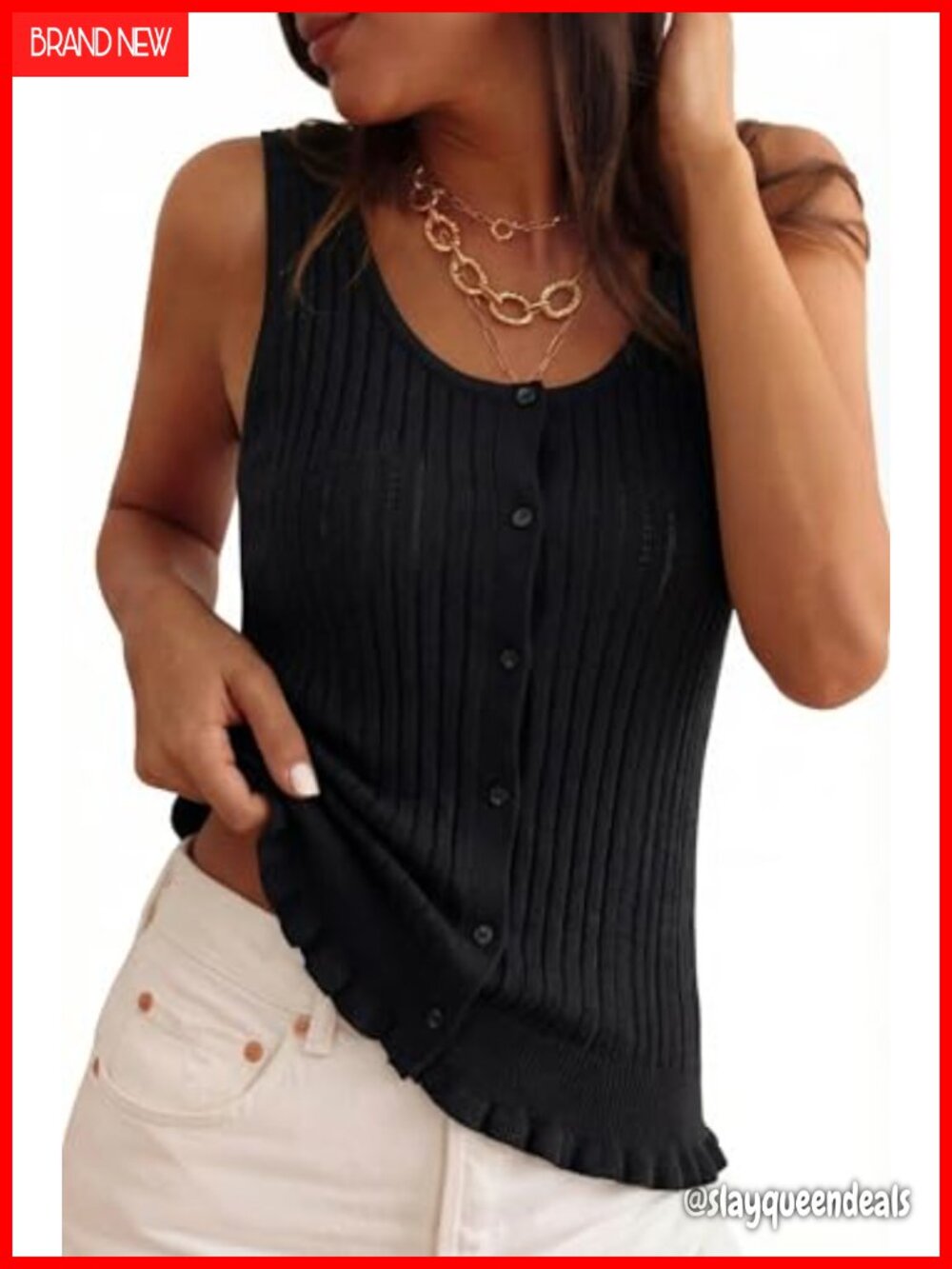 Cotton Sleeveless Sweater Vest Ribbed Button Down Ruffle Hem Beach Vacation Top